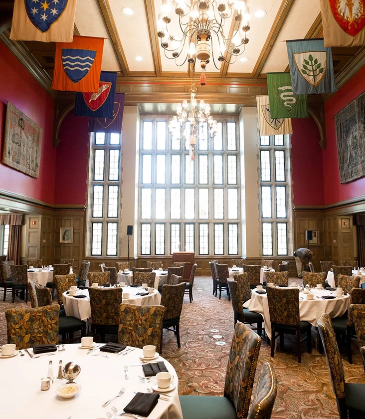 a room with tables and chairs