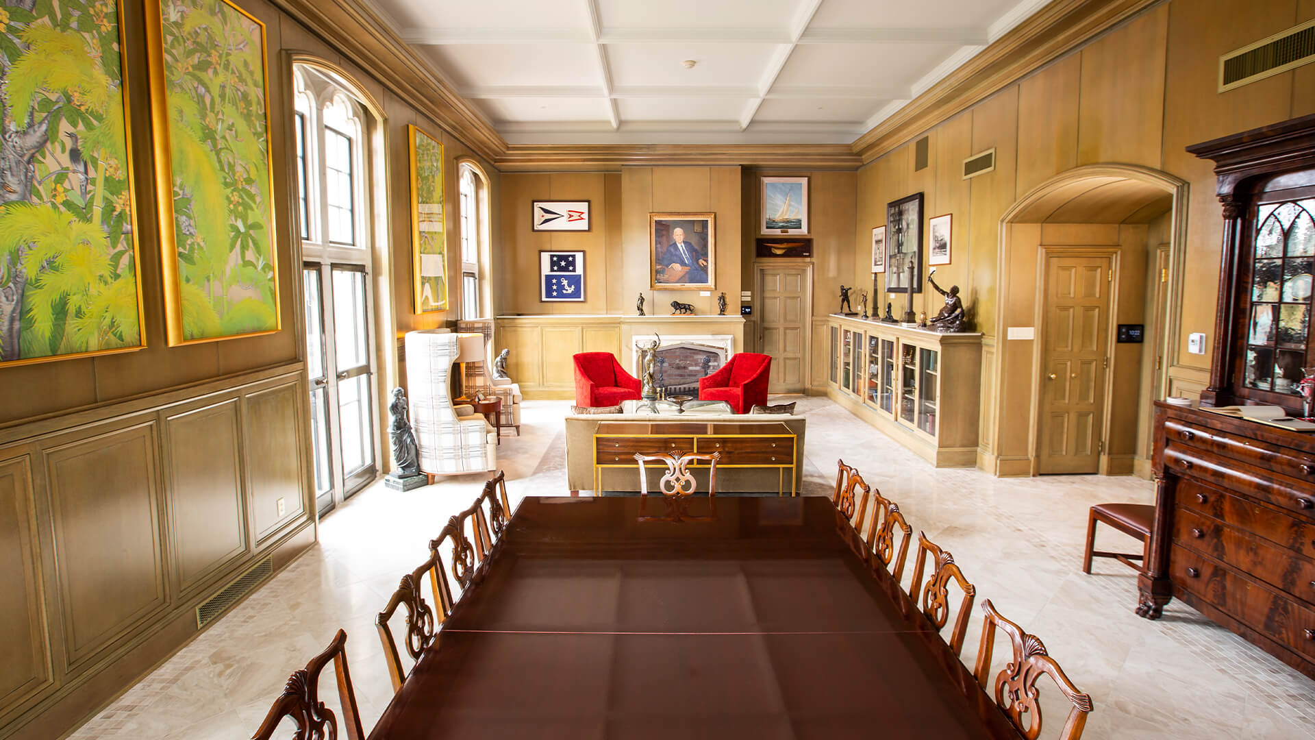 a room with a table and chairs