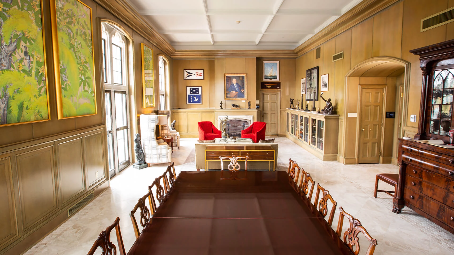 a room with a table and chairs