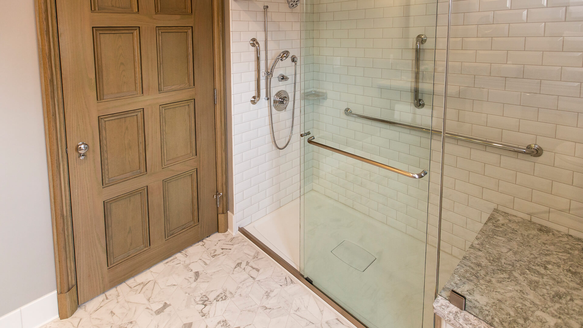 a shower with a glass door