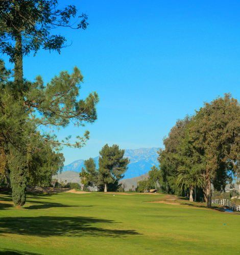a golf course with trees and mountains in the background