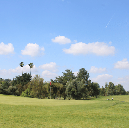 a golf course with trees and a blue sky