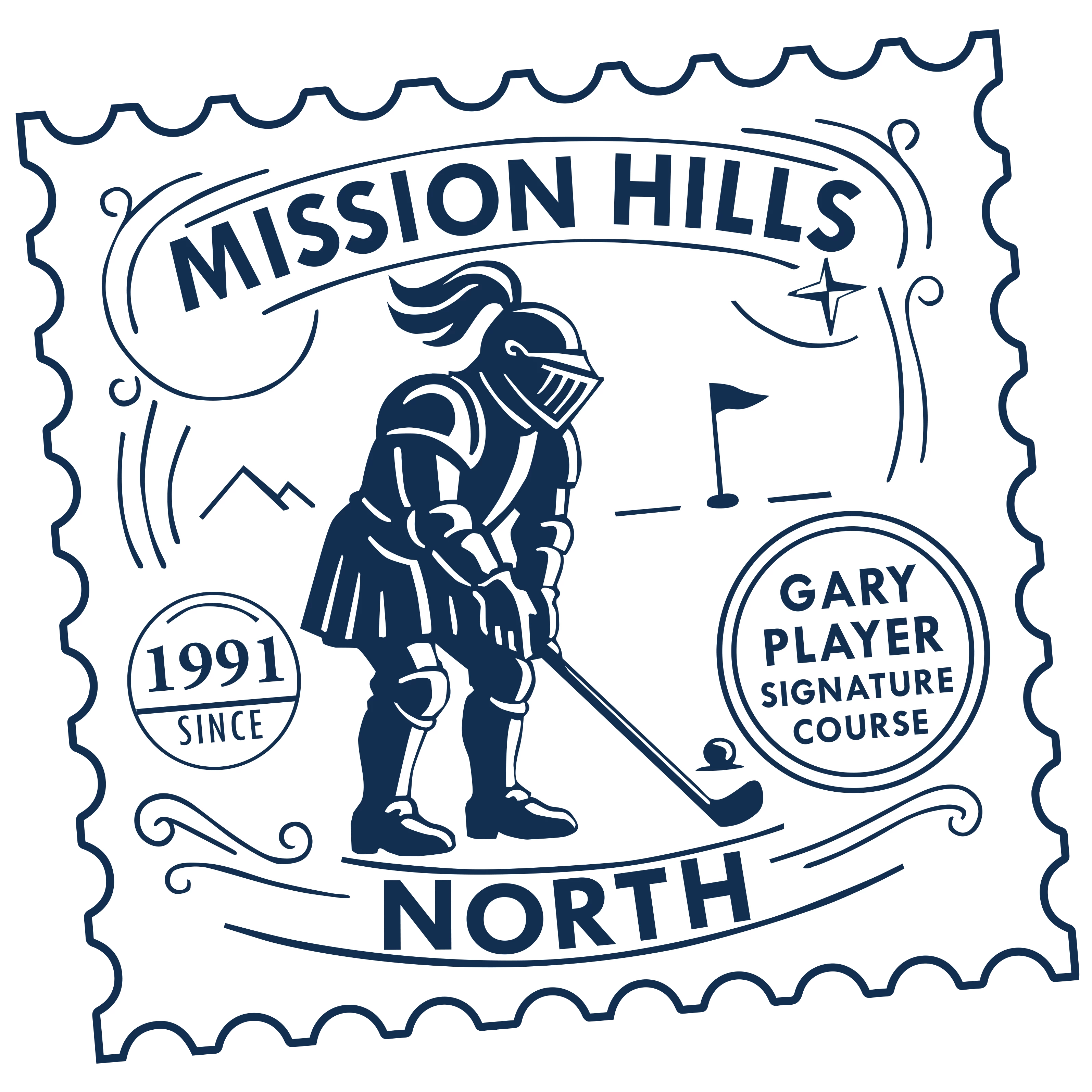 a blue and white stamp with a person playing golf