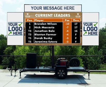 a large billboard with a golf cart and a golf cart