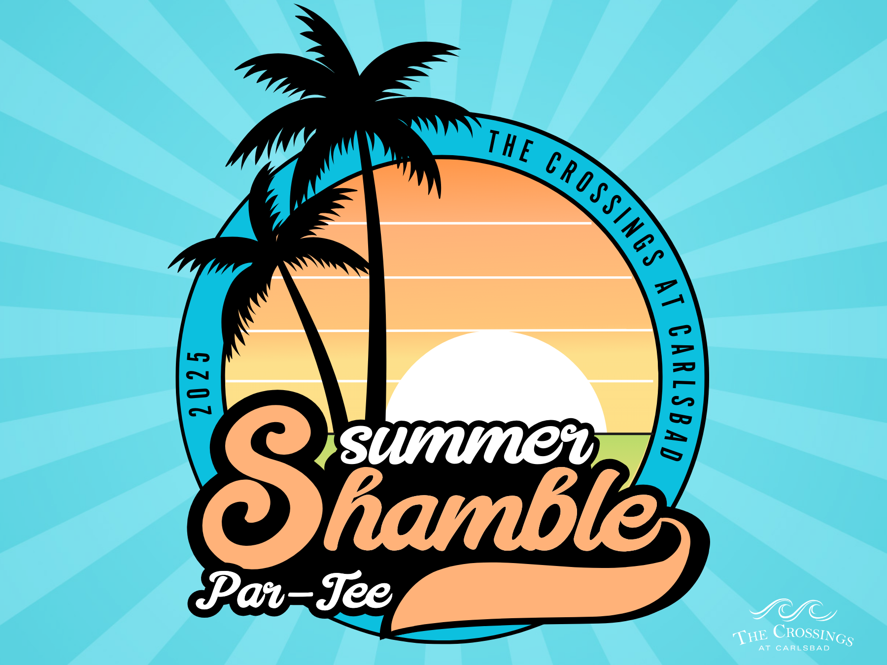 a logo with palm trees and sun
