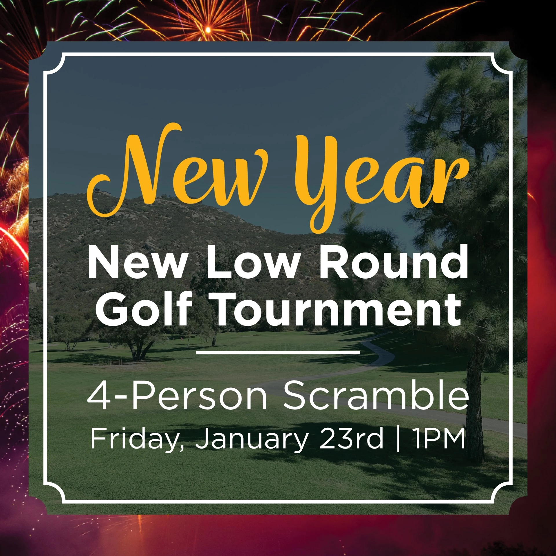 a golf tournament invitation with fireworks in the background