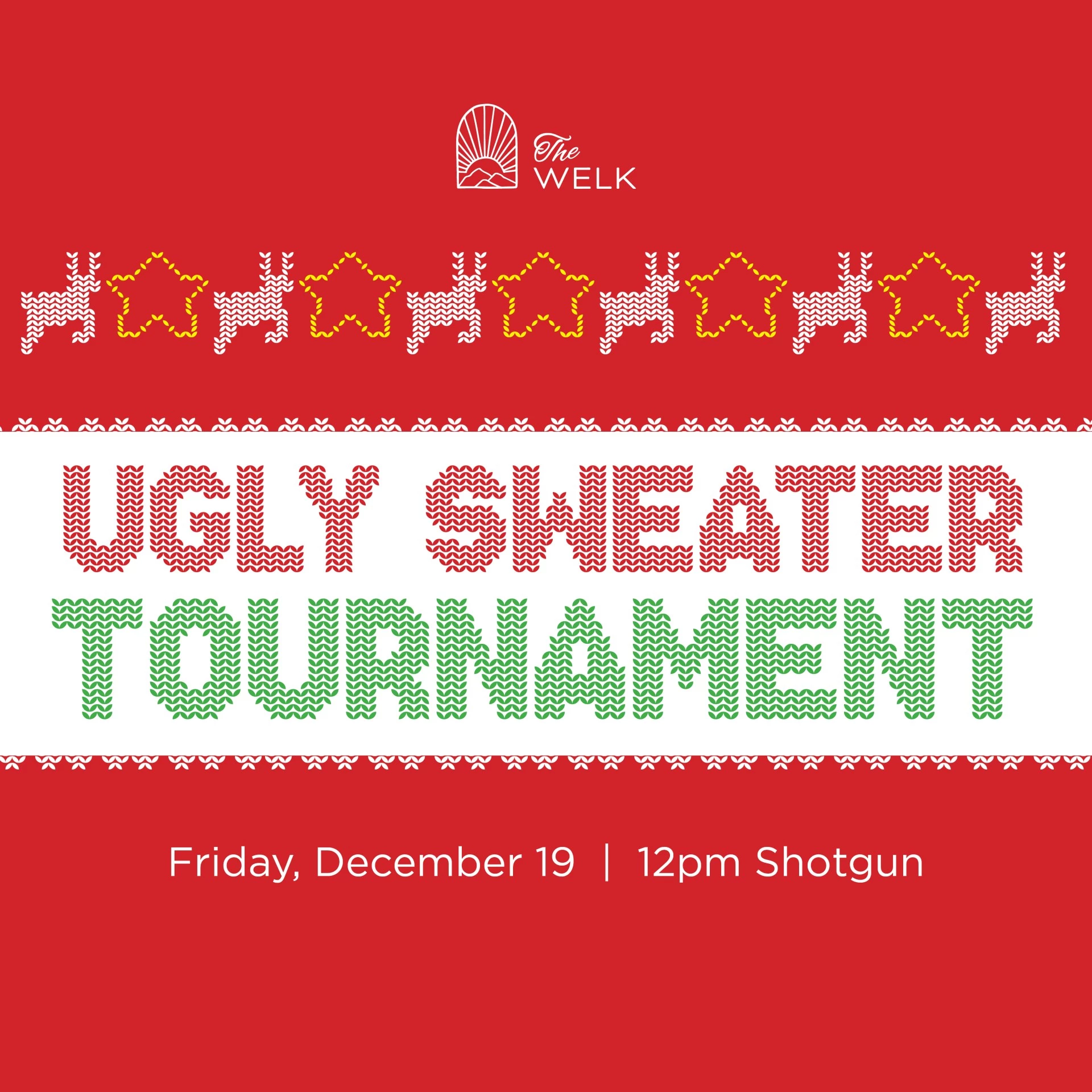 a red and green card with text and deers