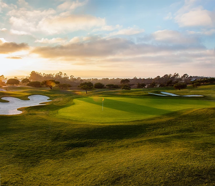 a golf course with a flag on the green