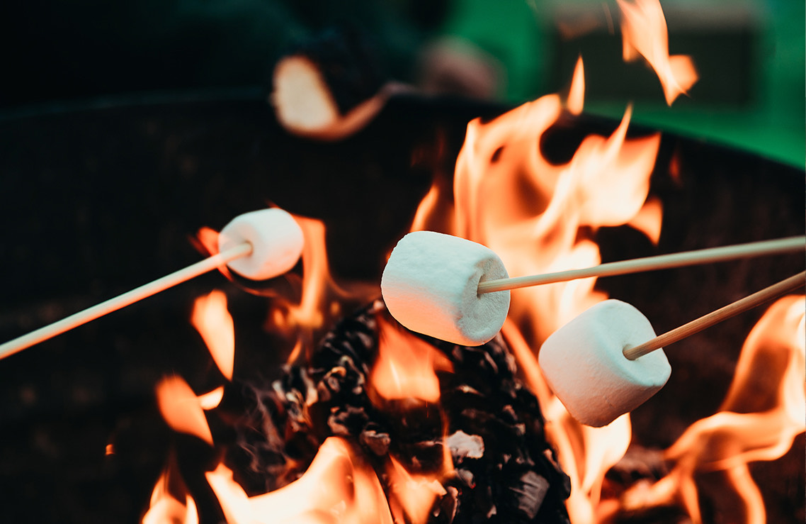 close up view to a fireplace and marshmallows being roasted 