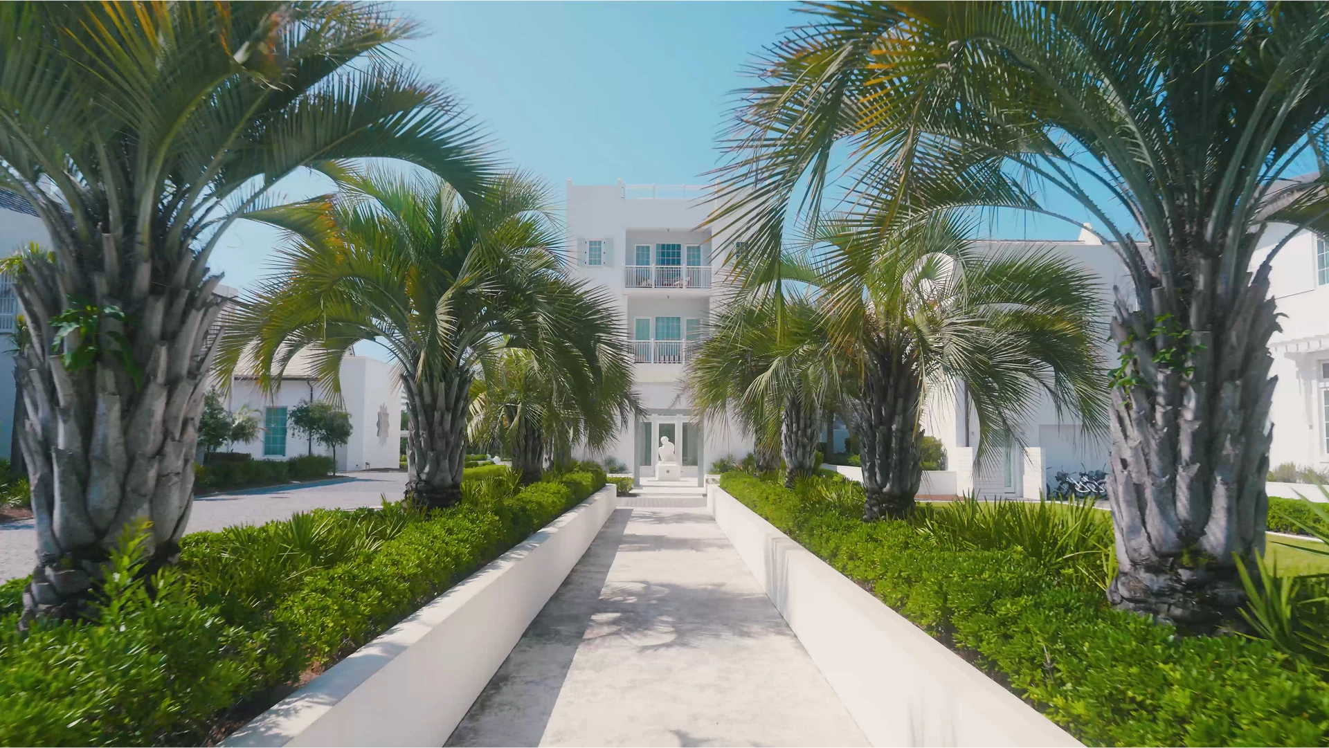 a white building with palm trees