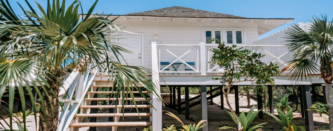 a house with a deck and palm trees
