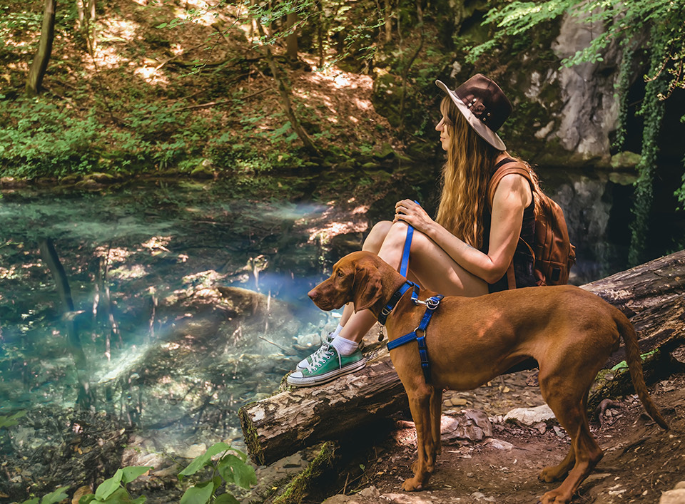 a girl and her dog in a forest