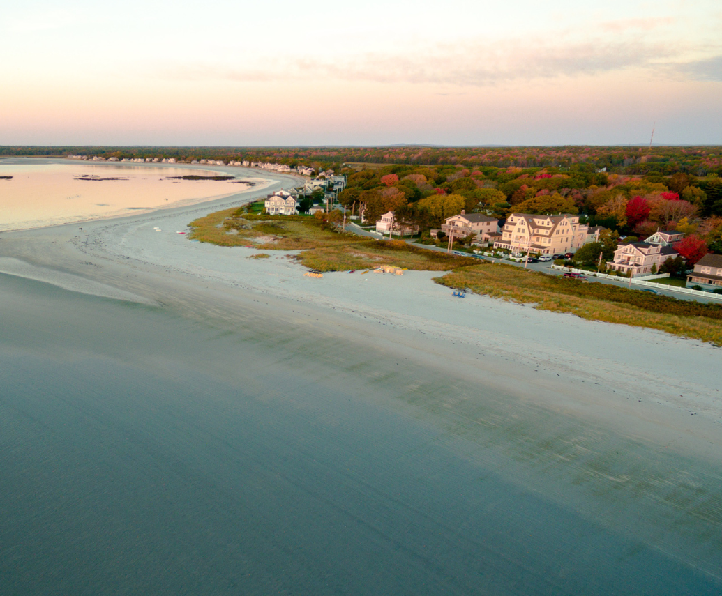 a beach with houses and trees