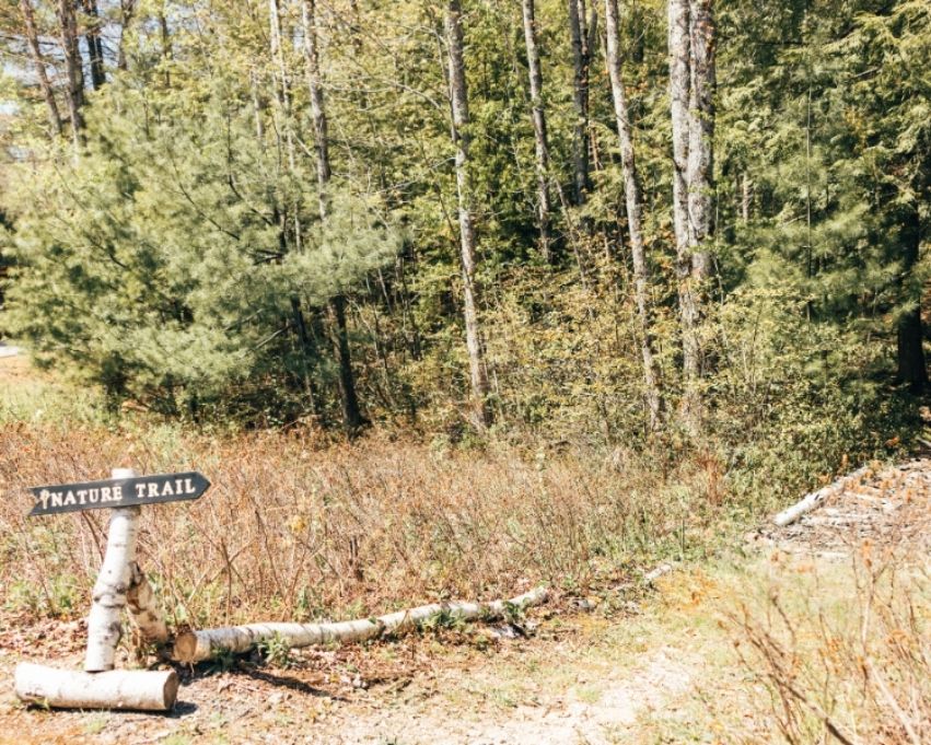 a sign in the woods