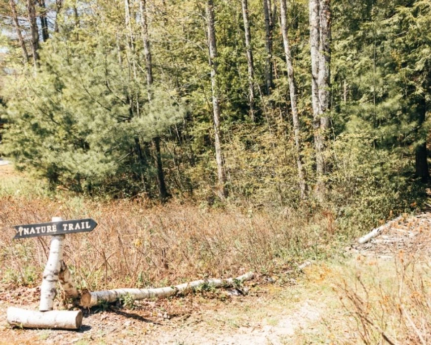 a sign in the woods