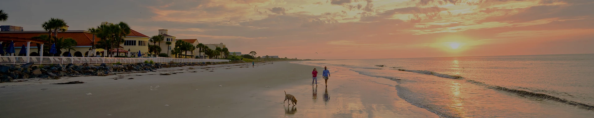 distance shot of a couple walking a dog on the beach at the water's edge as the sunrises