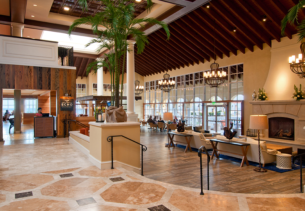 distance view of the echo dining space with long wall of windows on exterior wall