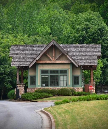 Facade of a old world style house in the middle of the nature