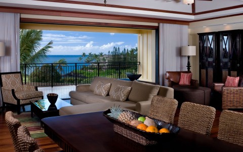 a living room with a large balcony