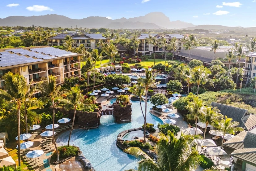 a pool with palm trees and buildings