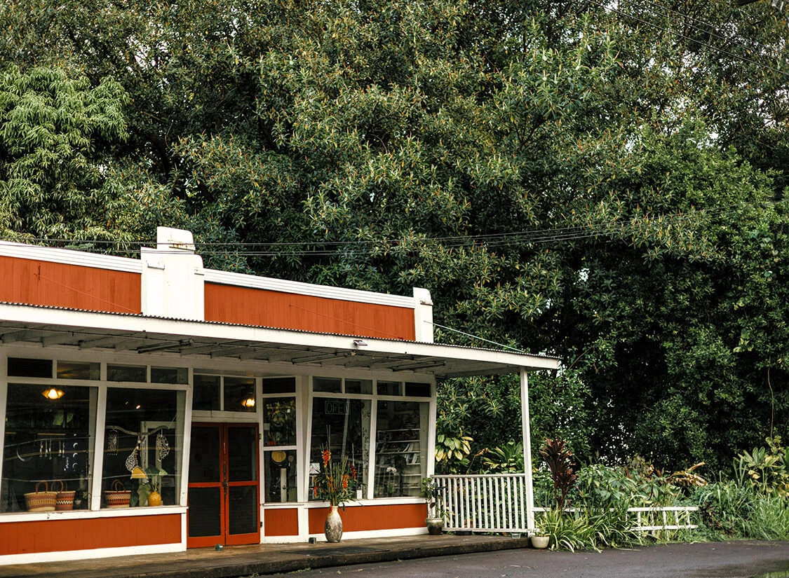 a building with a white railing and trees