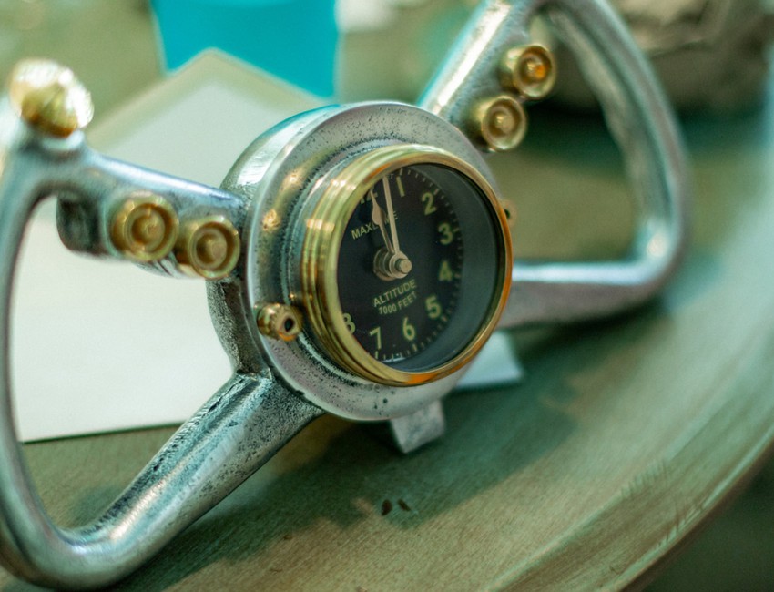 a steering wheel with a clock