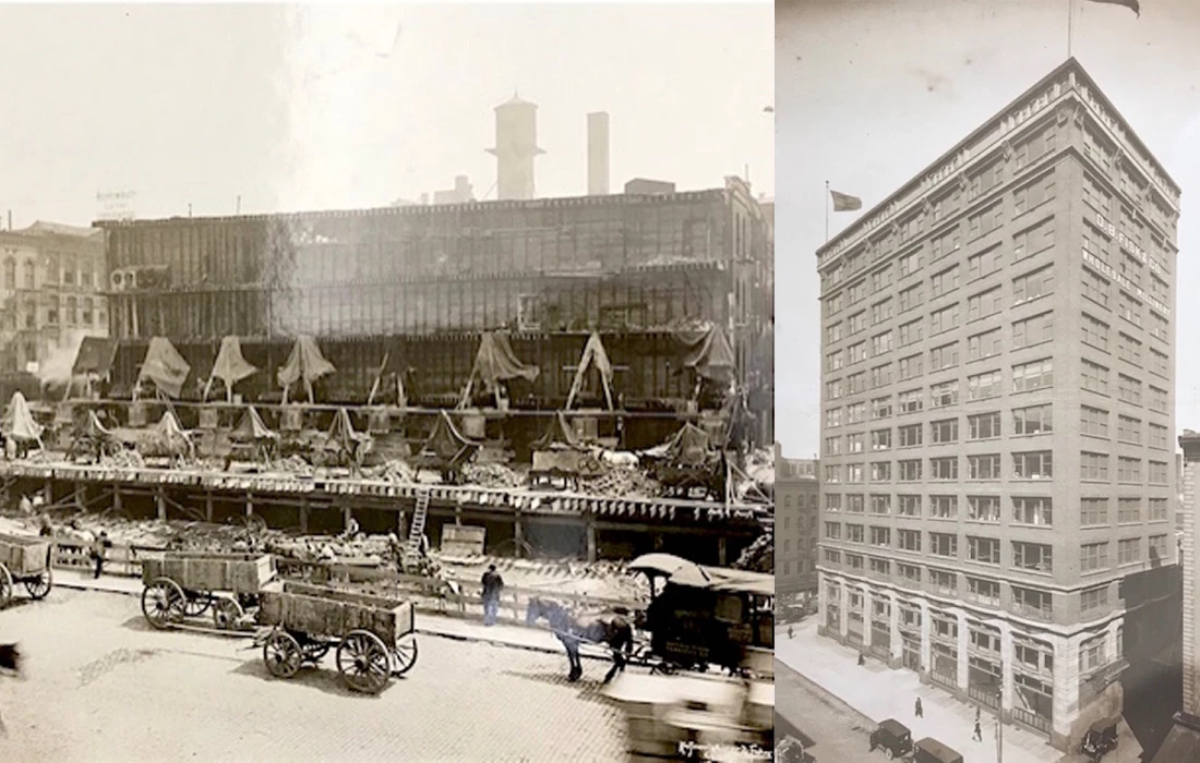 vintage photo of the city of Chicago with carriages on the street