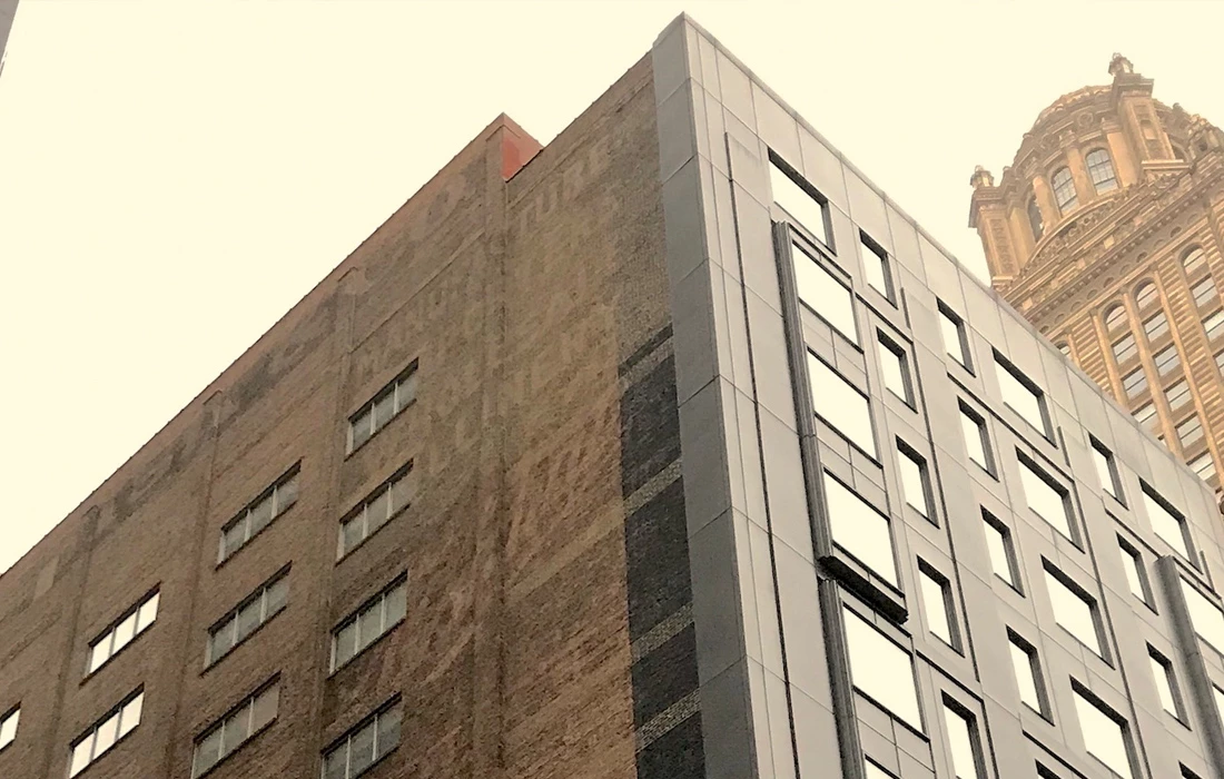 angled view of a building and a tower
