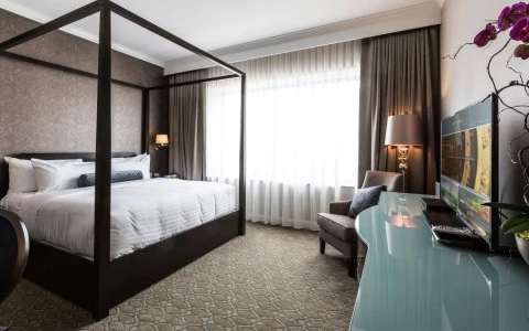 a room with a large canopy bed and television