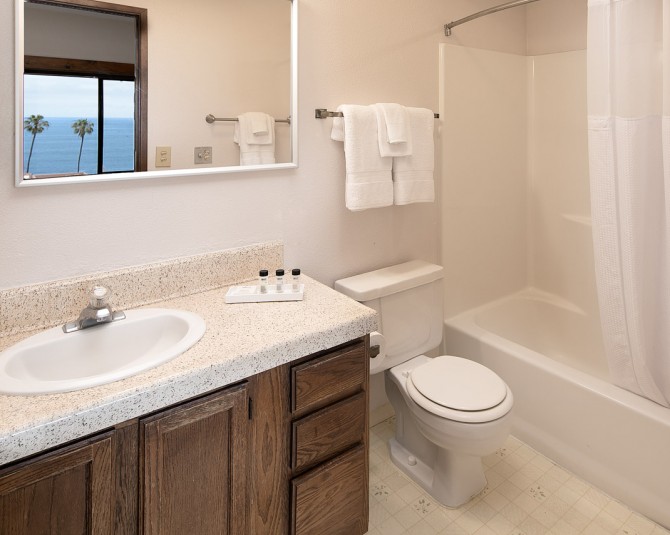 hotel bathroom vanity with brown cabinets and light countertop picture 2