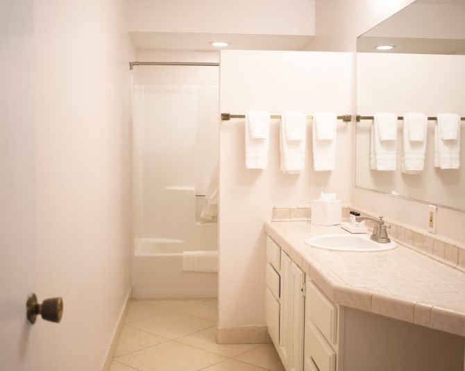 hotel room bathroom with large vanity and a division to toilet and shower picture 5