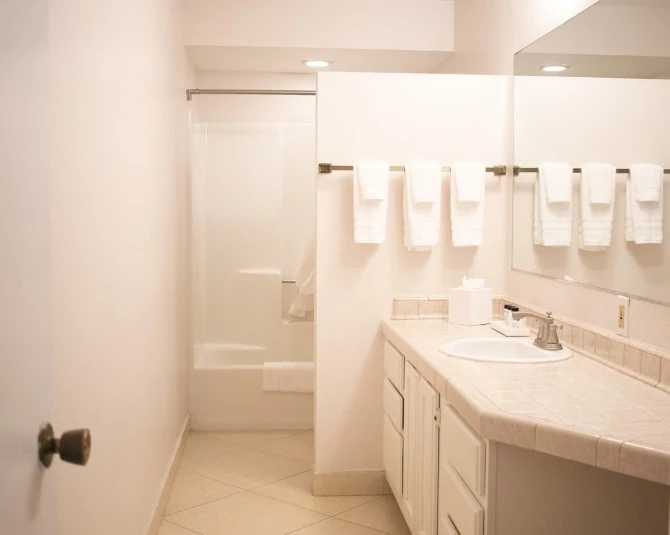hotel room bathroom with large vanity and a division to toilet and shower picture 5