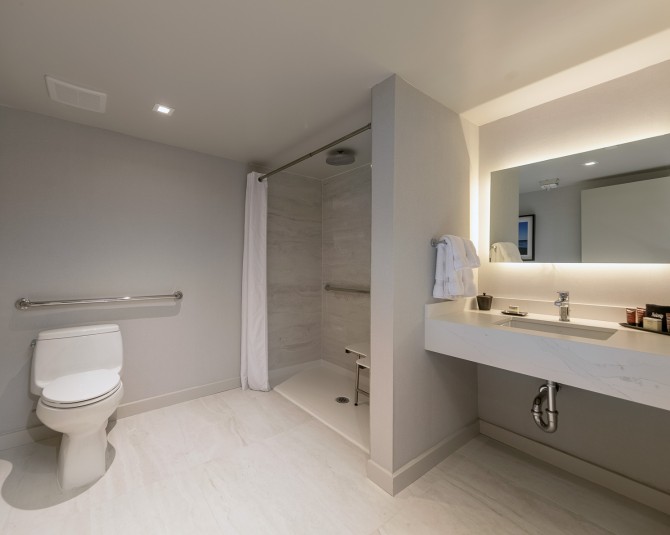 large bathroom with accessible shower and toilet with handlebars picture 3