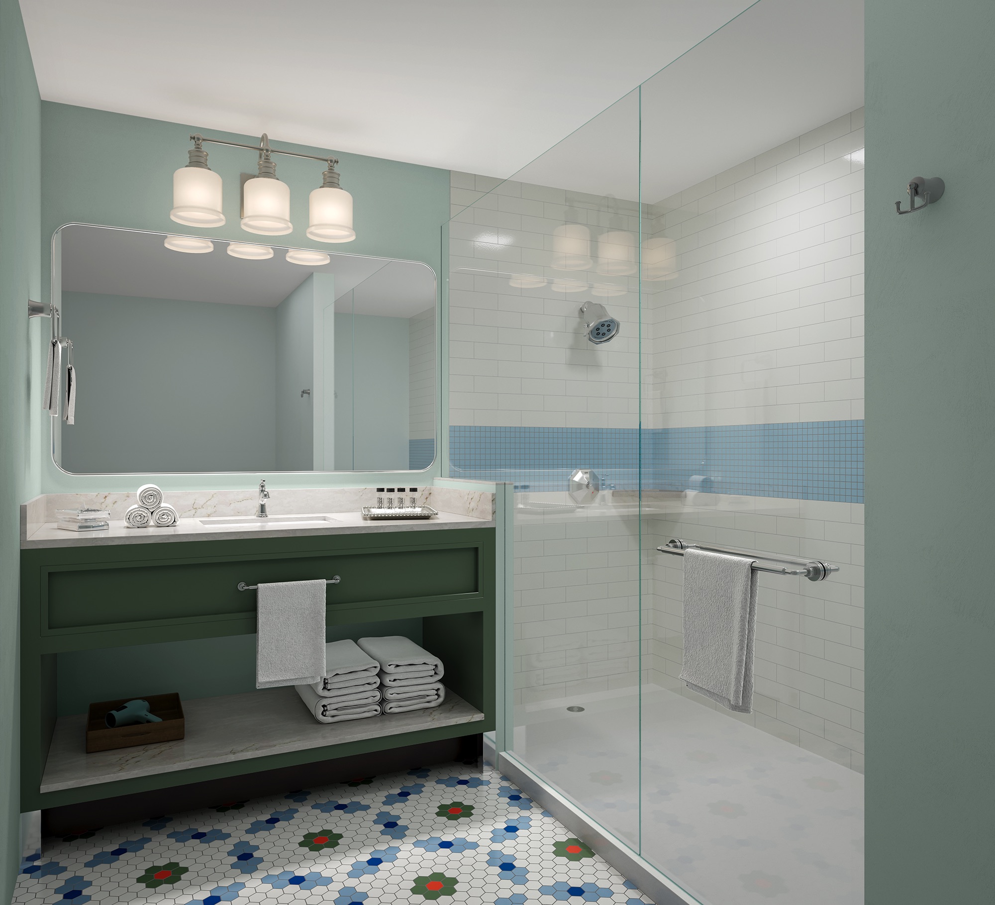 a bathroom with a glass shower