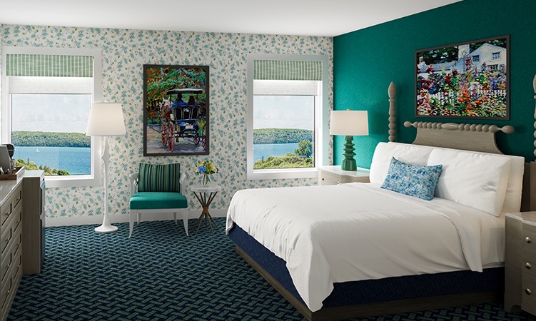 a bedroom with a bed and chairs