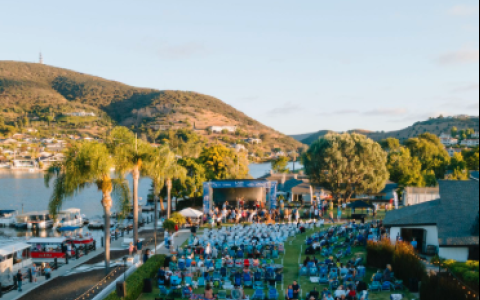 a large crowd of people sitting on lawn chairs and a body of water