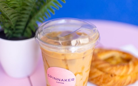 a cup of iced coffee and a plant on a pink table