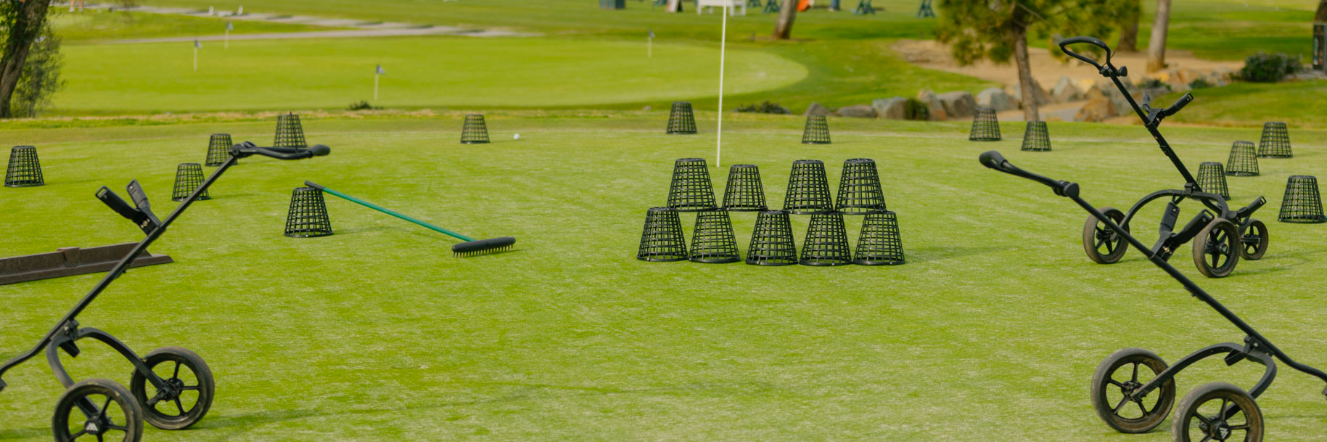 a group of black baskets on a green field