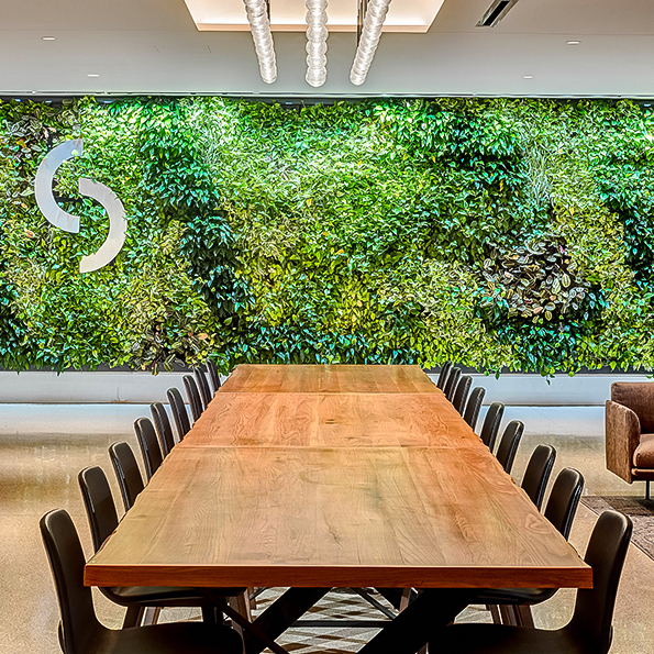 long wooden table with a green leaved wall behind it preview