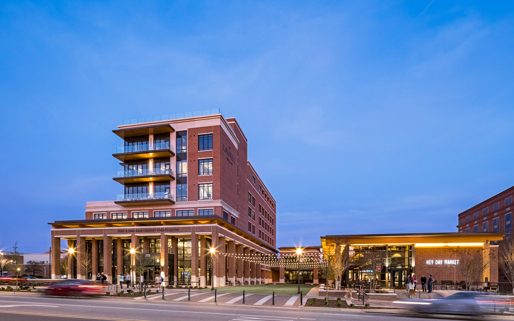 a large building during dusk 