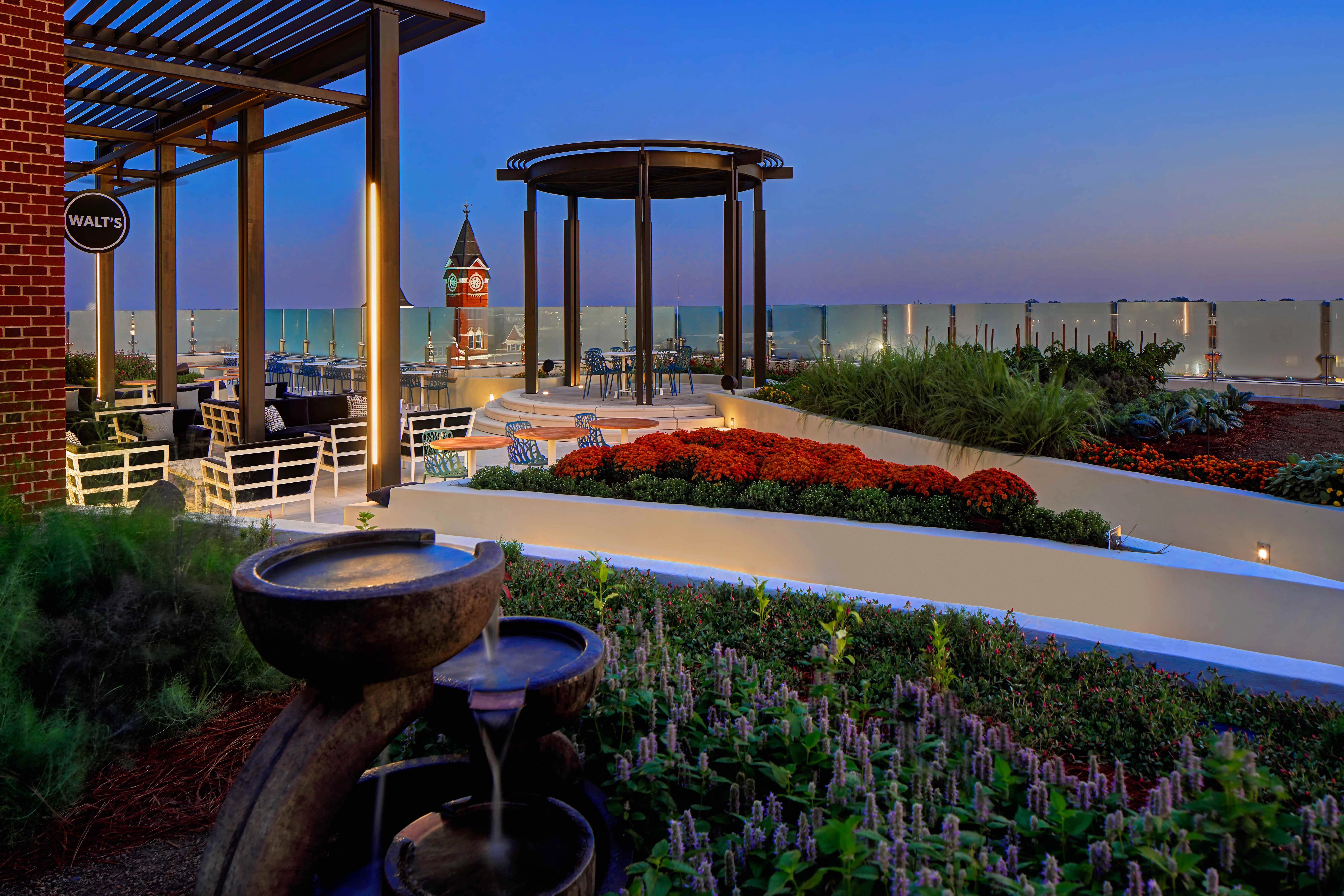 a water fountain in a garden