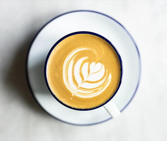 a cup of coffee with a leaf design in the foam