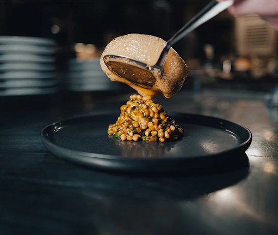 a person pouring sauce onto a plate of food