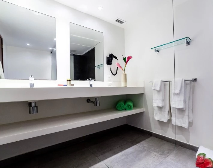 a bathroom with a large mirror