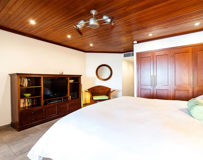 a bedroom with a bed and a tv