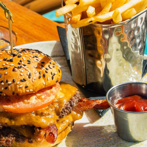 a burger and fries on a plate