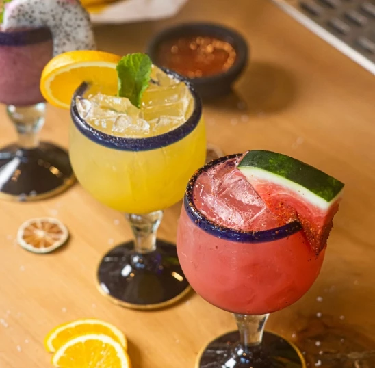 a group of drinks on a table
