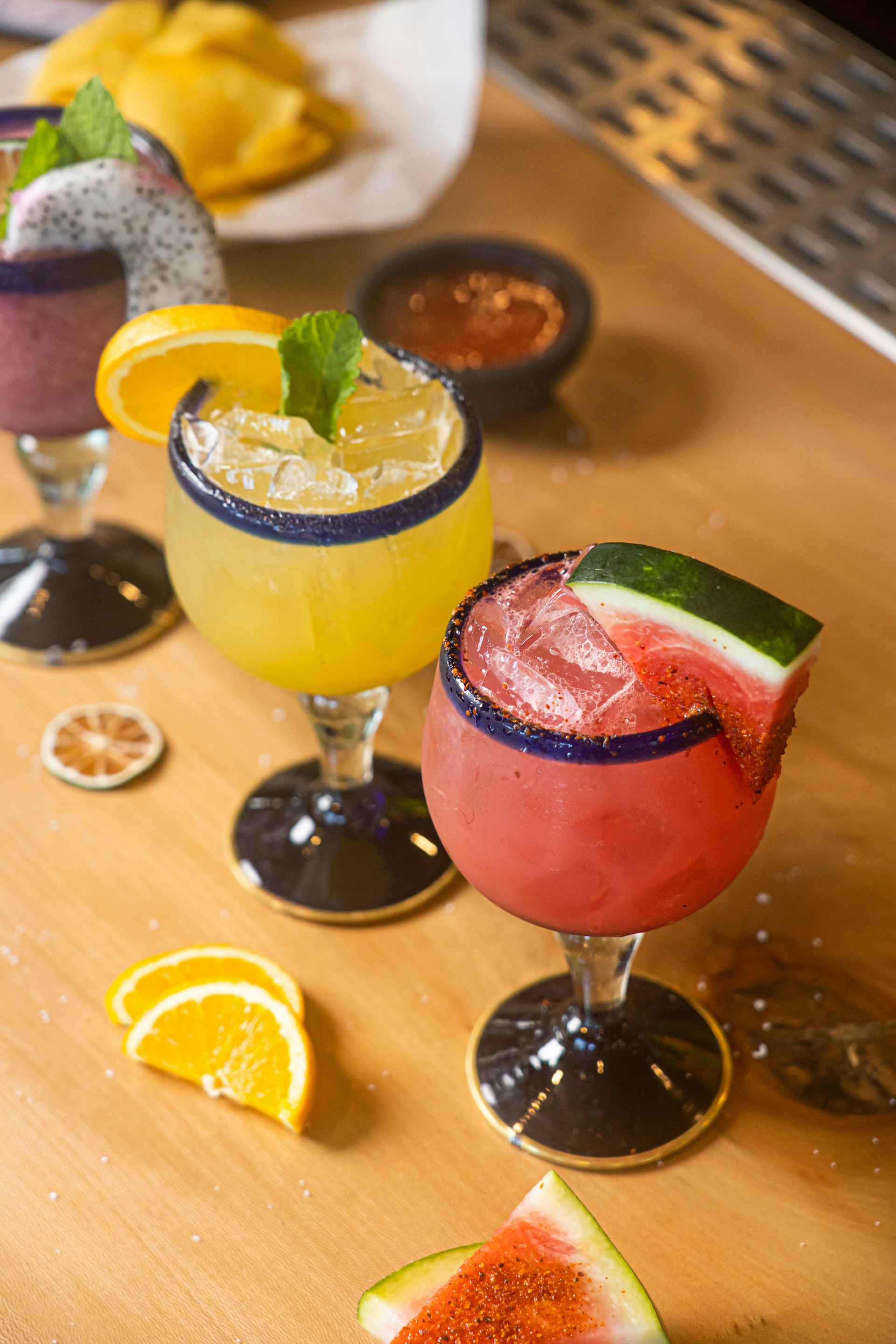 a group of drinks on a table