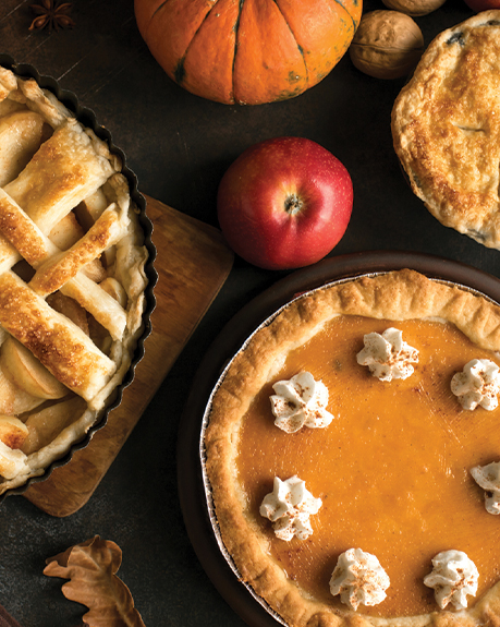 a group of pies and apples