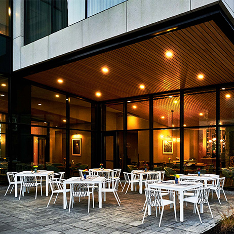 a building with tables and chairs